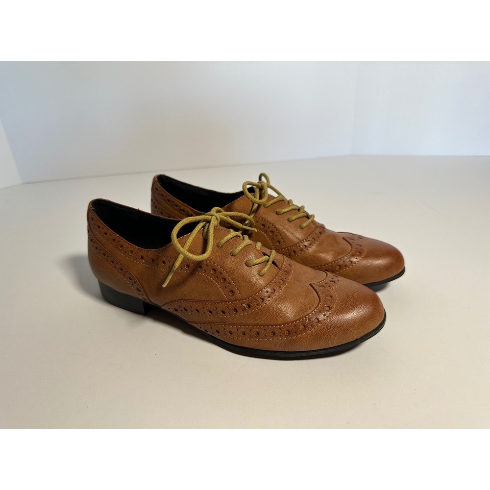 Cognac Brown Vegan Leather Wingtip Oxford Flats Brogue Lace Up Shoes Size 38